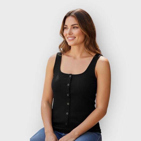 Abercrombie XL Black Ribbed Crop Tank Button Front Square Neck Grunge - Picture 4 of 8